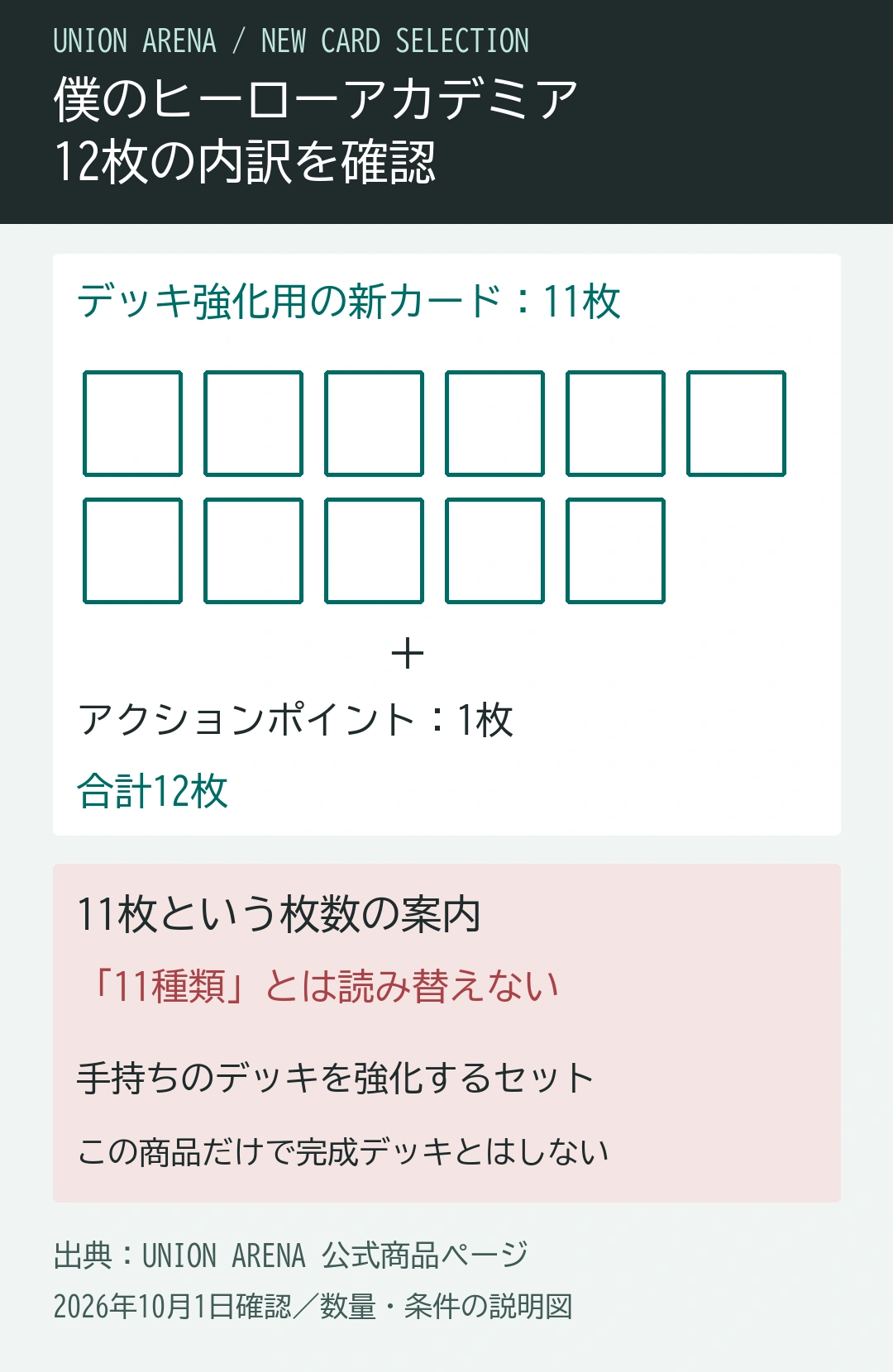 ヒロアカNEW CARD SELECTIONの拡張カード11枚とAP1枚、合計12枚を模式図で示す。11枚は11種類の断定ではなく、既存デッキ強化向けのセット。